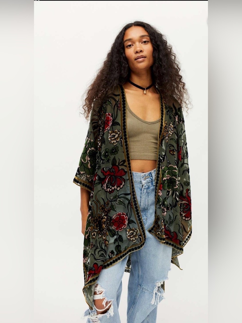 Free People Burnout Velvet Floral Kimono Ruana Boho Open Front OS - Picture 2 of 7